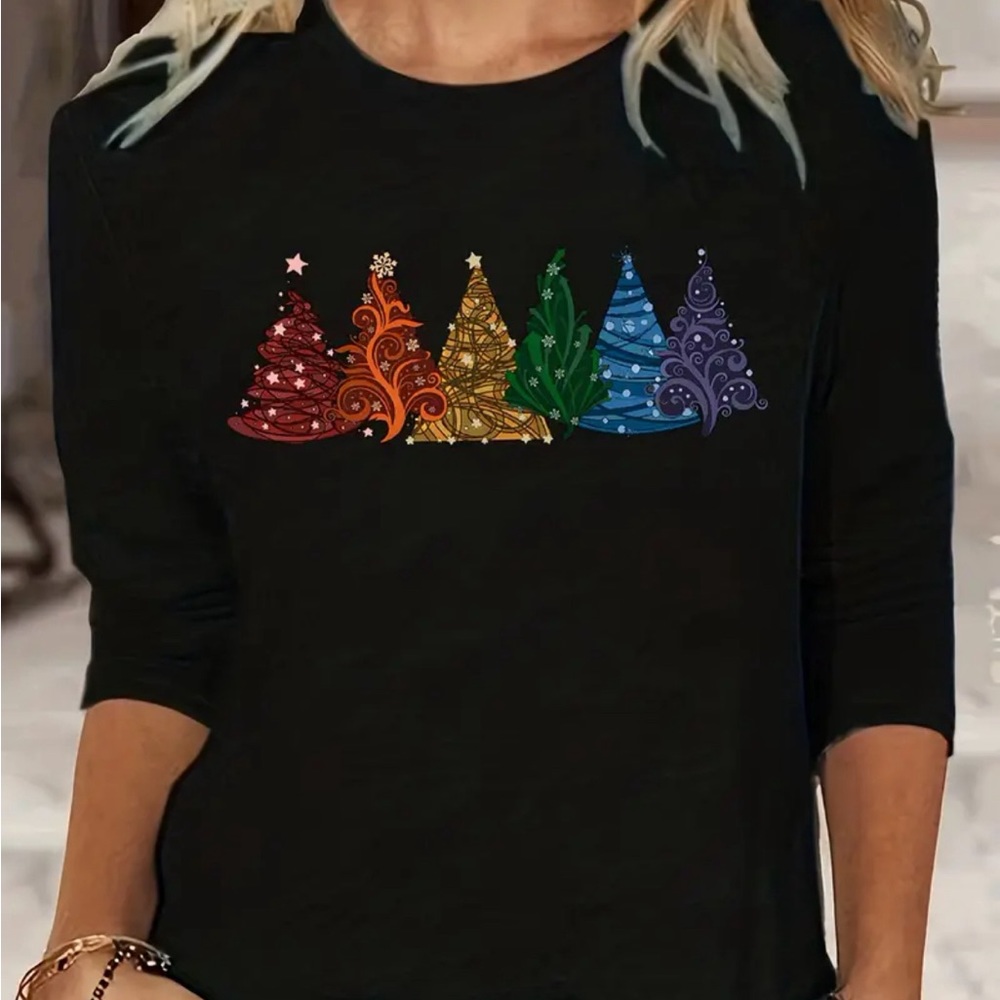 Women's Plus Tree Print Long Sleeve Round Neck Medium Stretch T-shirt